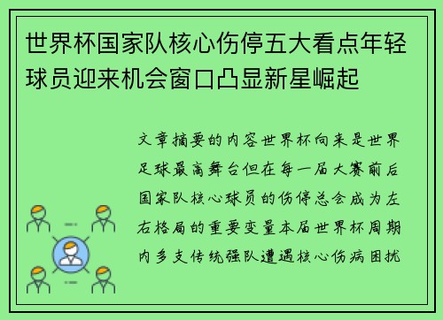 世界杯国家队核心伤停五大看点年轻球员迎来机会窗口凸显新星崛起